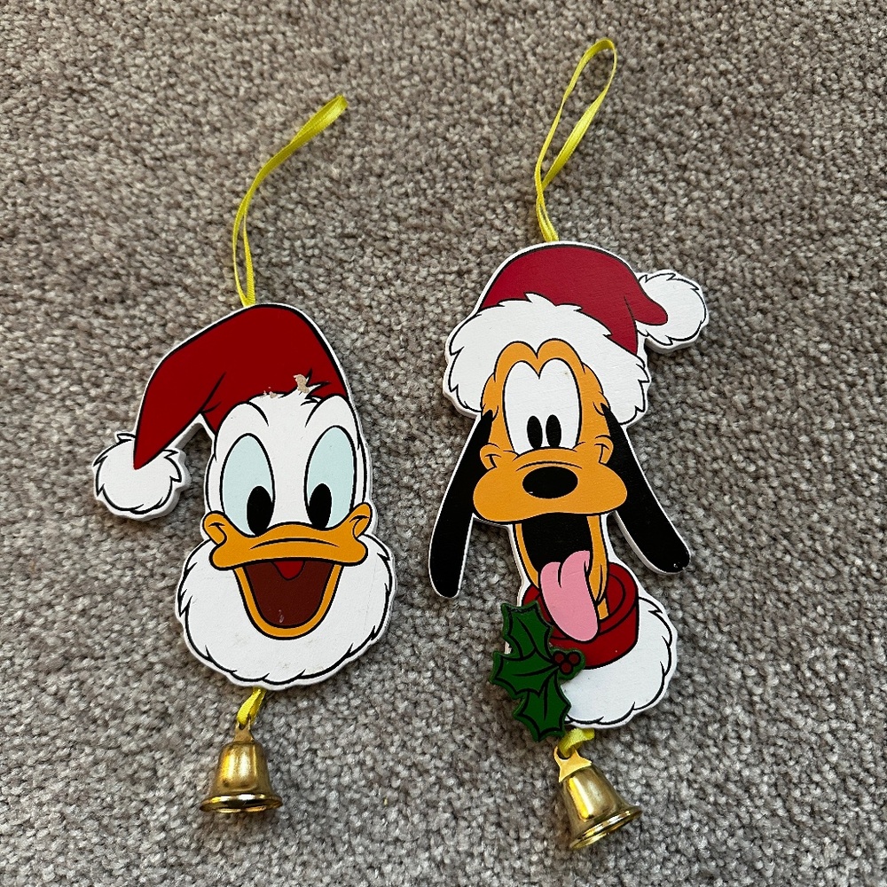Vintage Disney Wooden Donald Duck and Pluto Christmas Ornaments with Bells
